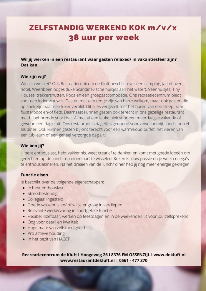 Vacature Zelfstandig werkend kok 2025 blz. 1